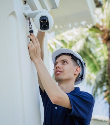 A technician installs a CCTV camera on the facade of a residential building