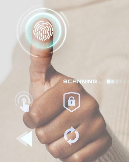 Woman scanning fingerprint with futuristic interface smart technology